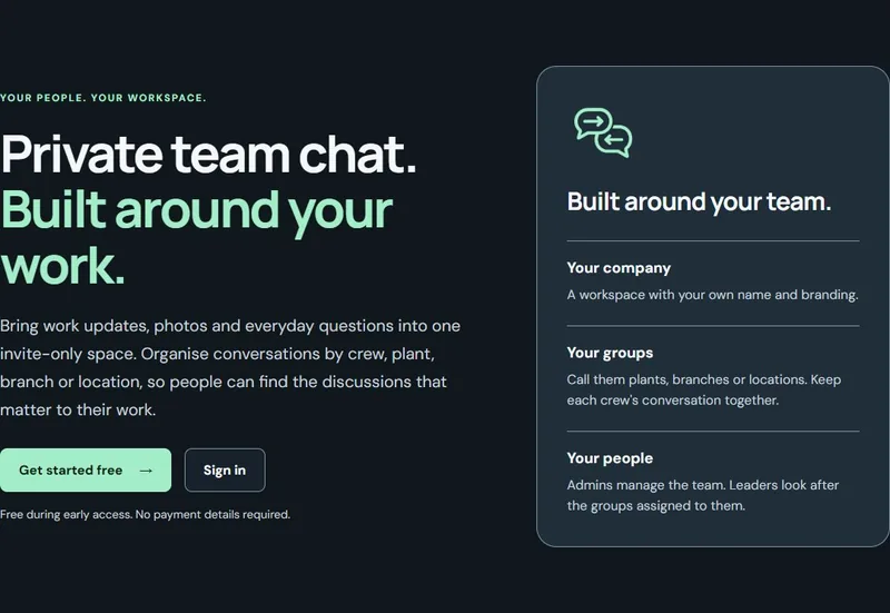 COMMS private team chat with a branded workspace and organised team groups