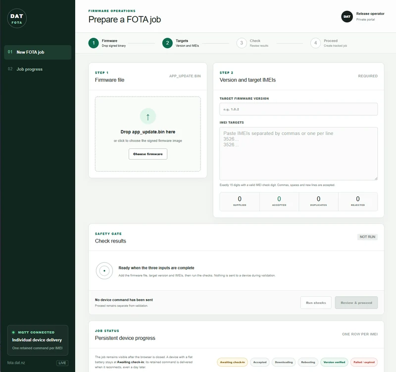 Private FOTA operations portal preparing a cellular IoT firmware update