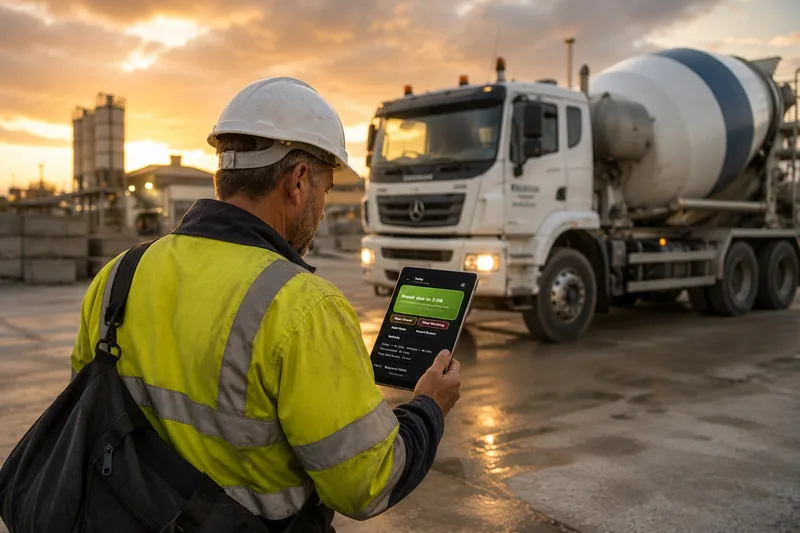 Driver using the OpenSpaces digital logbook beside a concrete truck
