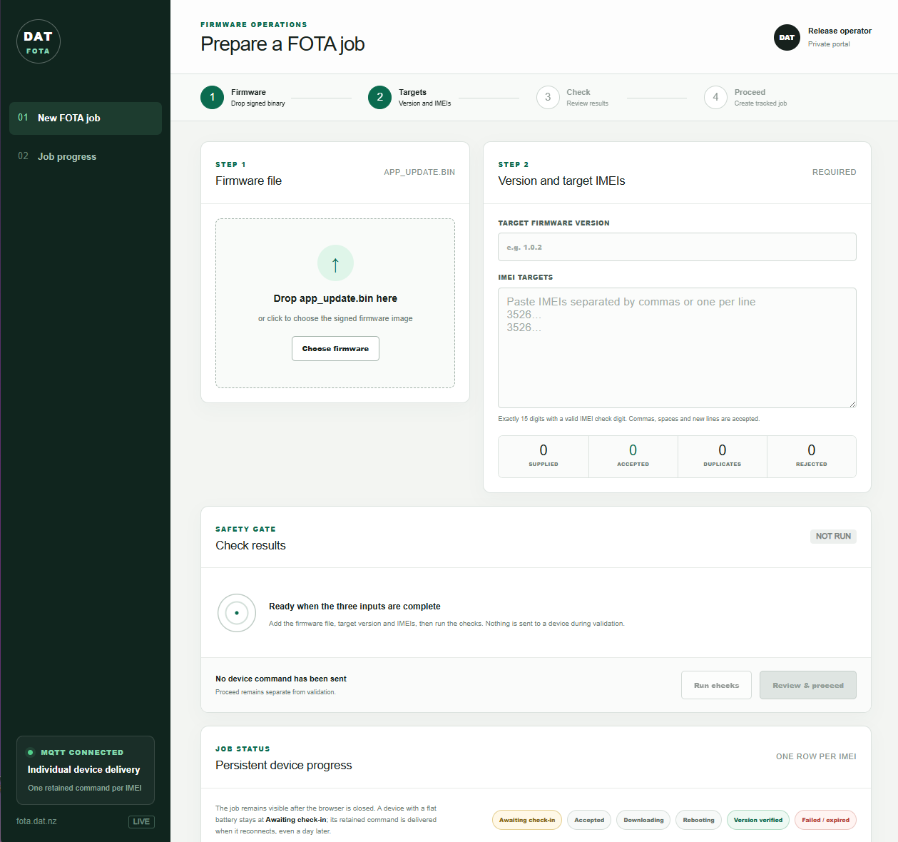 FOTA operations portal showing firmware upload, IMEI validation, safety checks, and device progress