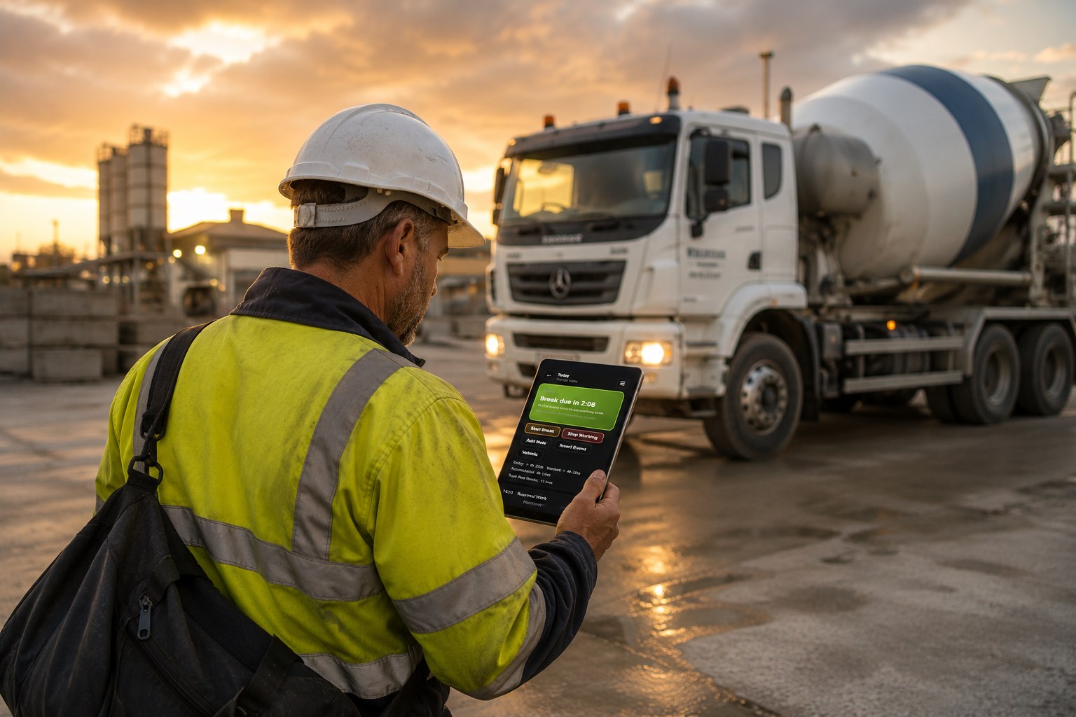 Driver using the OpenSpaces digital logbook beside a concrete truck