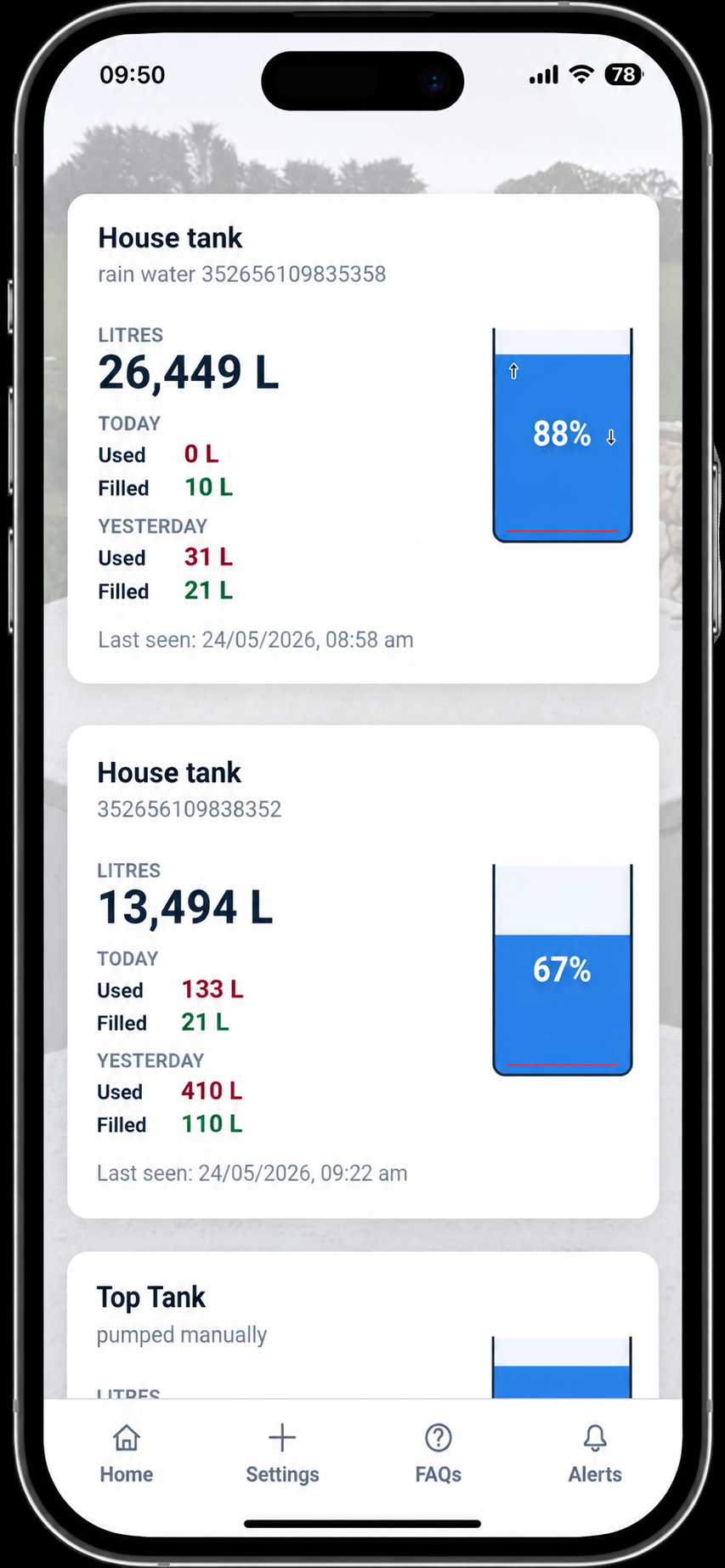 WTFNOW mobile dashboard showing tank level, usage, fills, history, and alerts