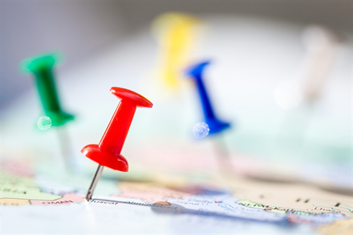 Colour-coded pins organising locations on a map